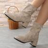 Ladies Shoes 2024 Hot Sale Zipper Autumn Women's Boots Square Toe Solid Flock Short Barrel Mid Heeled Retro Mature Roman Boots