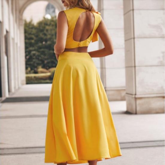 Женский костюм из 2 шт./компл., однотонный быстросохнущий укороченный топ с открытой спиной, юбка-миди для повседневной жизни