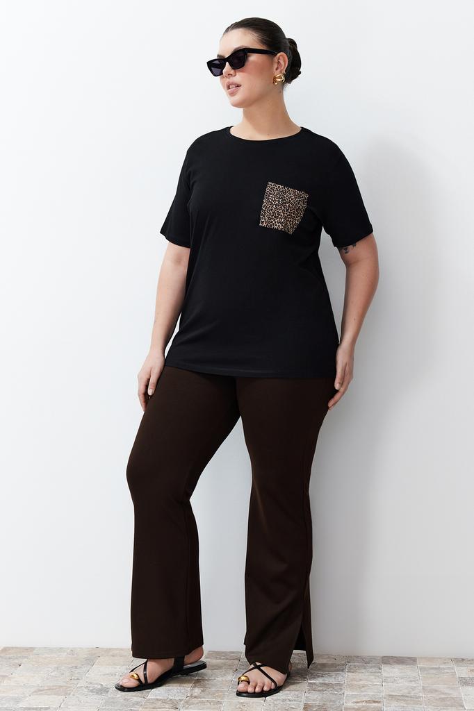 Женские брюки больших размеров, модные черные трикотажные брюки нового сезона с высокой талией и разрезами по бокам