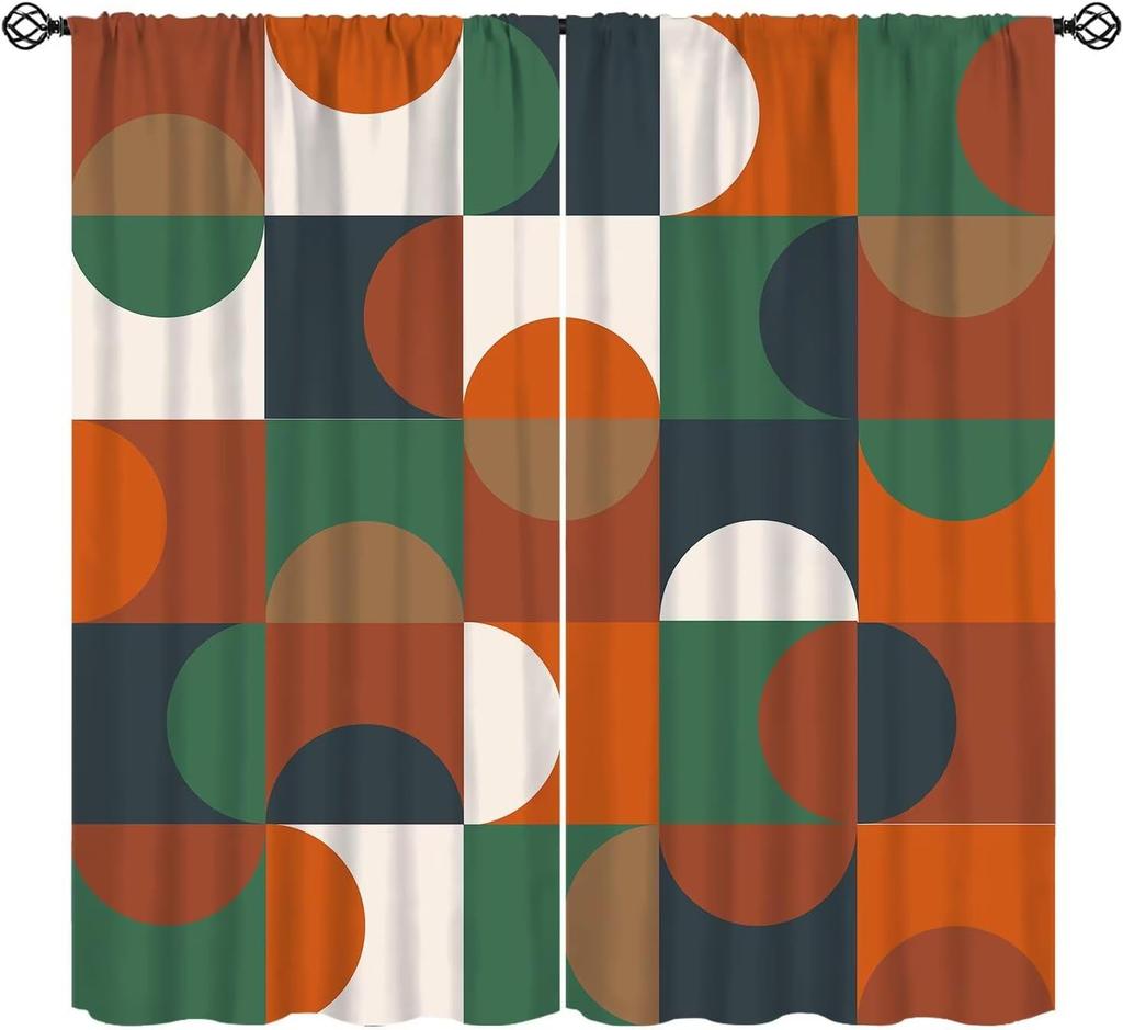 Mid Century Curtain, Yellow Vintage Abstract Boho Window Treatment Modern Geometric Circles Circular Classic Retro 50S Farmhouse