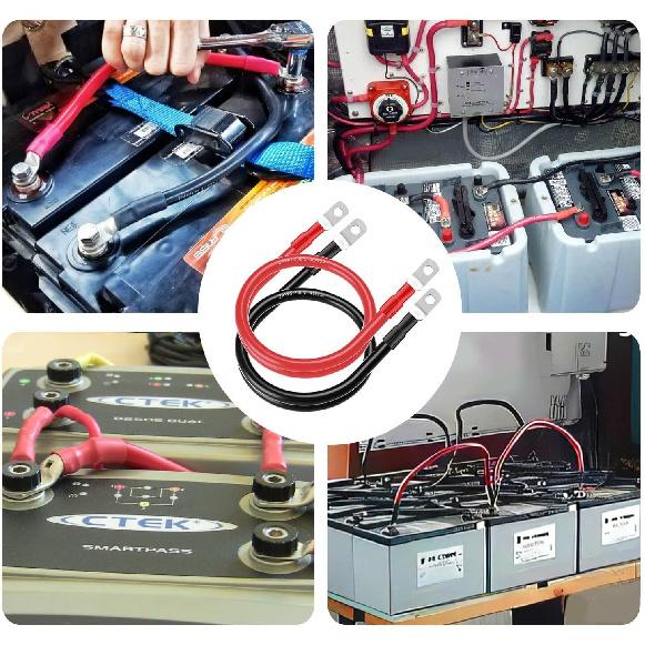 2 AWG Gauge Red + Black 1Ft Parallel Battery Power Inverter Cables For Solar, Auto, RV & Marine (Set)