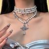 European & American Multi-Layer Pearl Cross Necklace - Y2K Punk Spicy Sweet Design