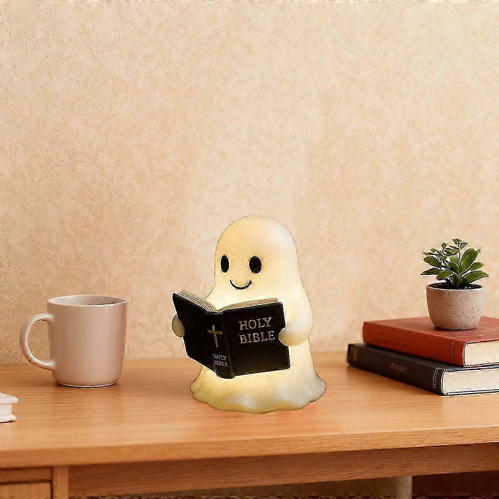 Ghost Reading Book Lamp, Halloween night lamp for books with hot LED, 3D resin decorative figure for bedroom Table, cute and scary gift for book lover