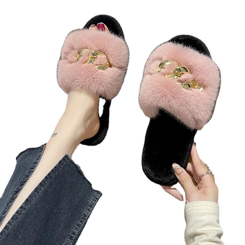 Fashion Chain Design Women Home Slippers Solid Color Open Toe Indoor Winter Flat Non-slip Leisure Interior Female Shoes 2024