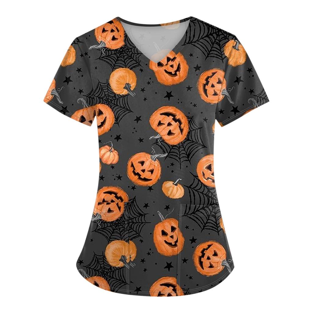 Женская униформа с коротким рукавом и принтом на Хэллоуин с V-образным вырезом и карманом