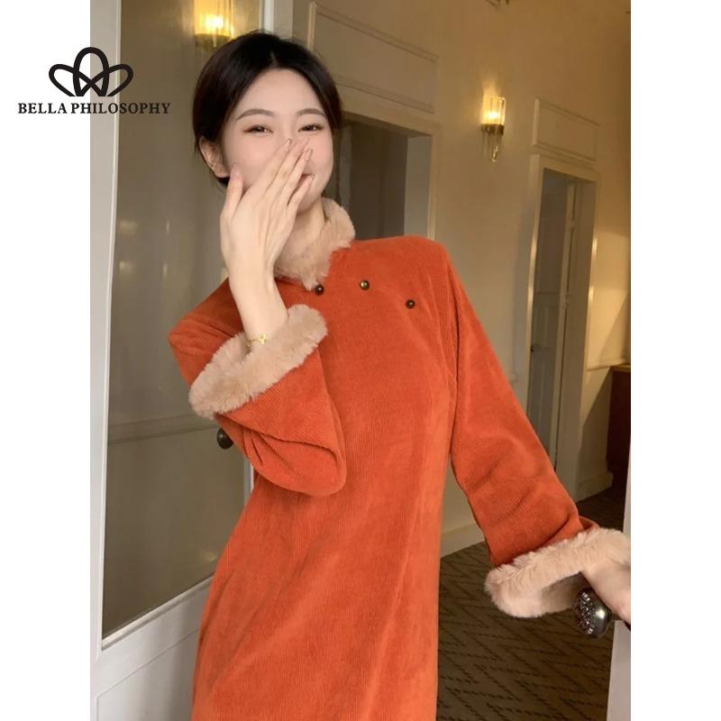 Winter Chinese Style Retro Solid Color Long Sleeved Female Plush Thickened Split Long Dress