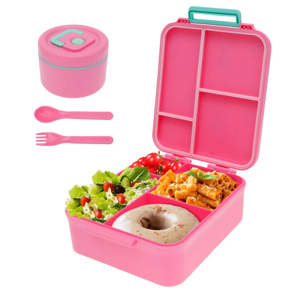 Stainless Steel Four Compartment Lunch Box Outdoor Lunch Box with Soup Bowl Knife and Fork Suitable for Children and Students