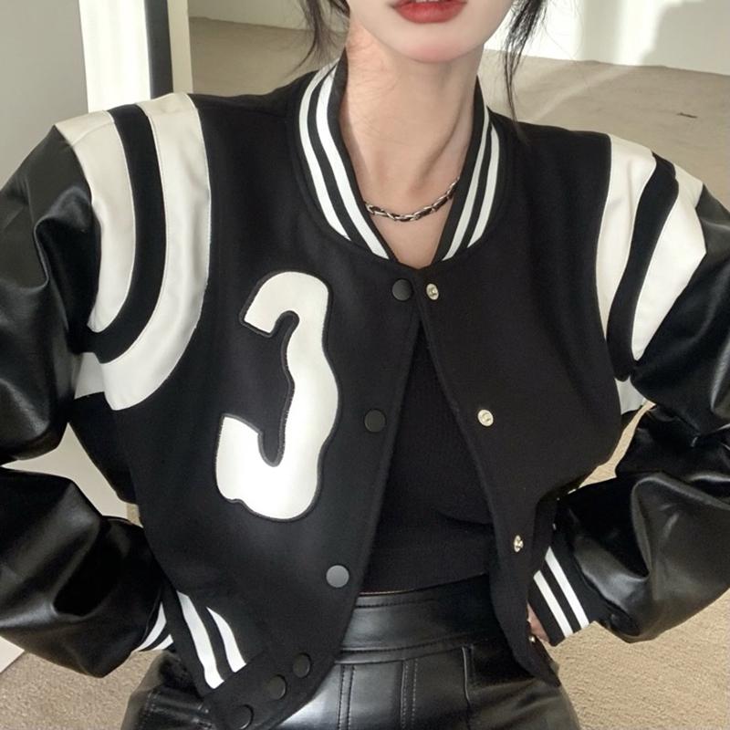 Jackets Women's Bomber Black Coats Leather Baseball Short Coat Y2k Jacket Woman Goth Clothing Streetwear