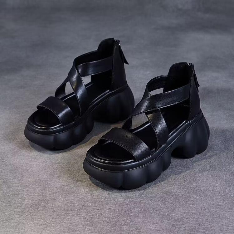 Новые китайские сандалии-бублики в стиле ретро с толстой подошвой, увеличивающие рост, универсальные римские сандалии для женщин, лето 2025, новый перекрестный ремень