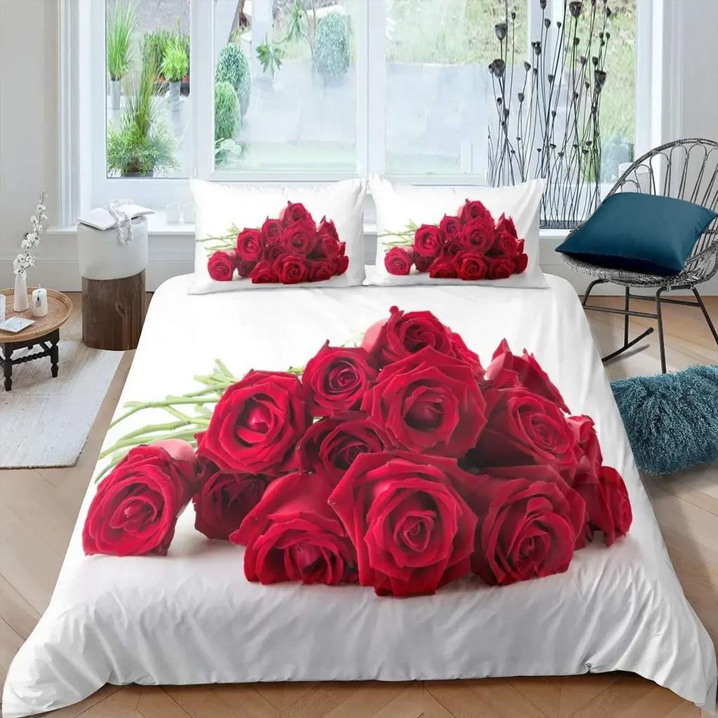 Valentine'S Day Rose Duvet Cover Set Romantic Couple Theme Bedding Set 3D Rose Comforter Cover Set Love Bedspread Twin King Size