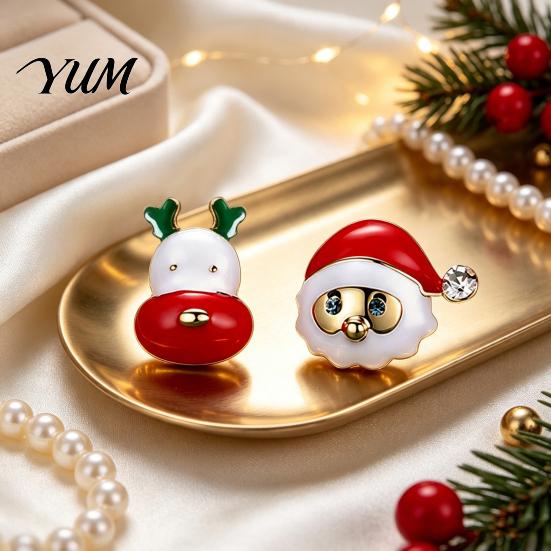 Fashionable Seasonal Ear Jewelry 1 Pair Christmas Stud Earrings for Women, Cute Enamel Santa Alloy Studs Claus And Reindeer Earrings, Holiday