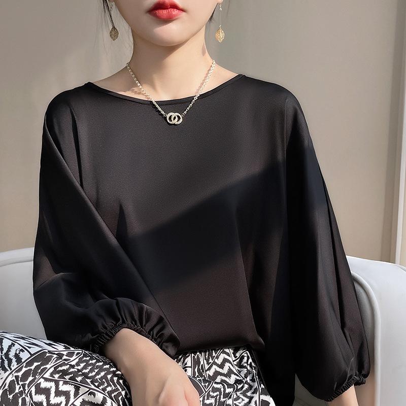 Summer Women's Silk T-shirt Round Neck Pullover Short Satin T-shirt Loose Thin Temperament Blouse