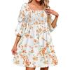 Summer Puff Half Sleeve A-line Dress Women Fashion Square Neck Elastic Waist Beach Dress Sweet Loose Print Floral Short Dresses 26161