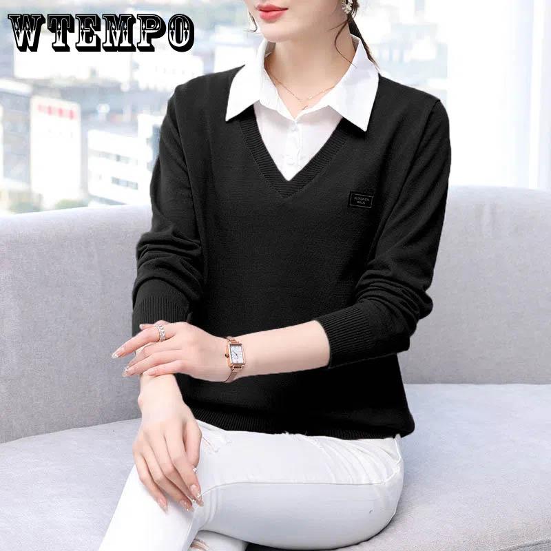 Женский искусственный свитер из двух частей, осенне-зимний корейский вариант, универсальная вязаная нижняя рубашка, пуловер, вязаный топ с лацканами