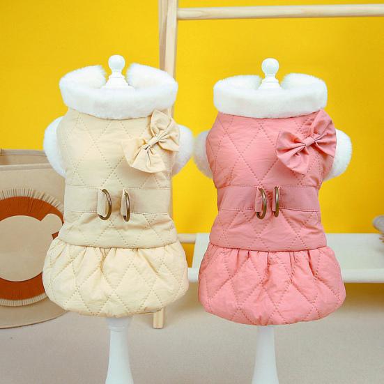 Cozy Stylish Warm Dog Coat Waterproof Reflective Fleece Lined with Bow Decoration Portable Traction Ring Pet Winter Jacket