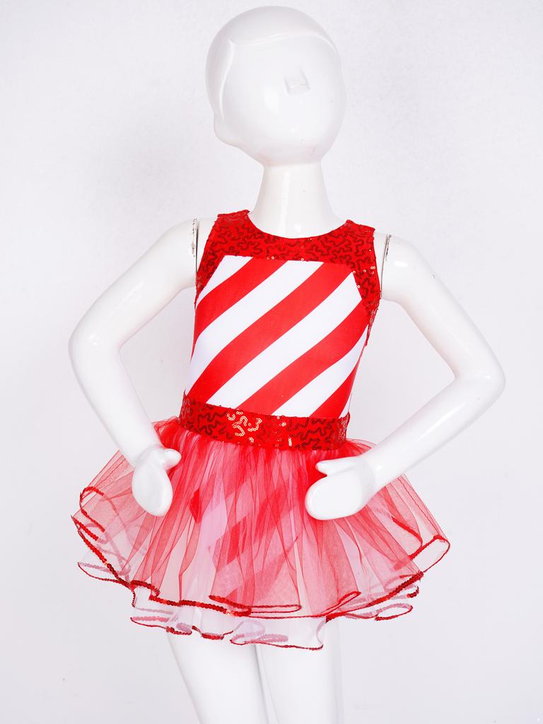 Рождественский костюм эльфа Санта-Клауса для девочек, детское блестящее полосатое танцевальное платье с бантом, многоярусная юбка-пачка, комбинезон для выступления