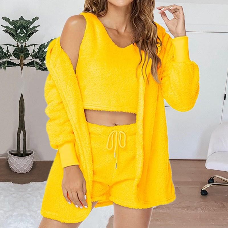 Home Wear Long Sleeved Plush Casual Three Piece Set Jacket Vest Shorts Sports Suit