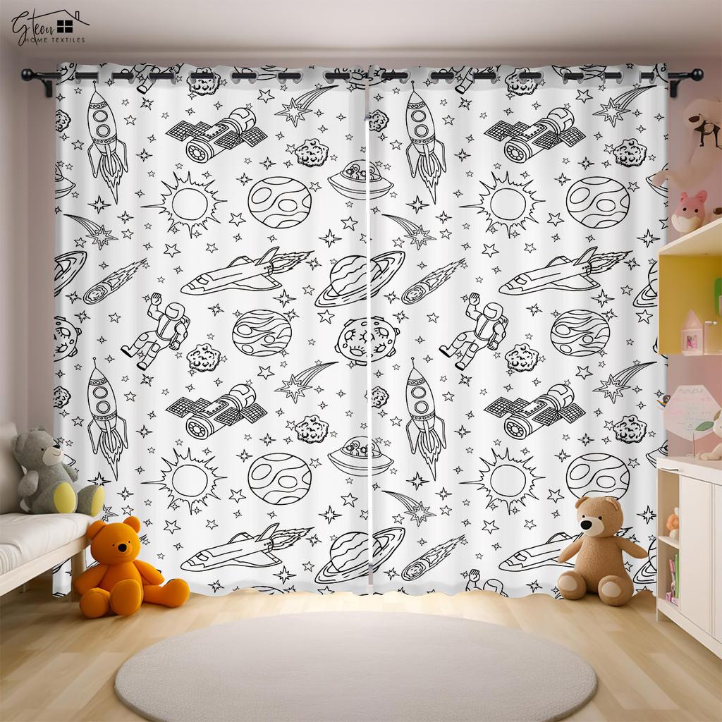 Аэрокосмический мультфильм 3D Печатные шторы Астронавт Космонавт Космический корабль Ракета Запуск Спальня Кабинет Детская комната Шторы 2 ШТ
