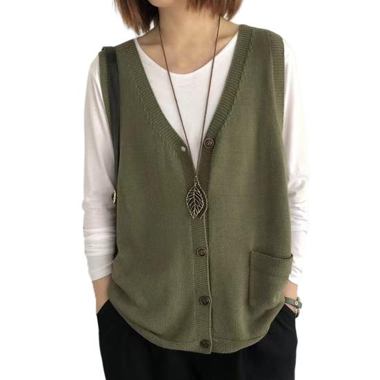 Женский вязаный жилет с V-образным вырезом без рукавов однобортный теплый жилет однотонный свободный крой
