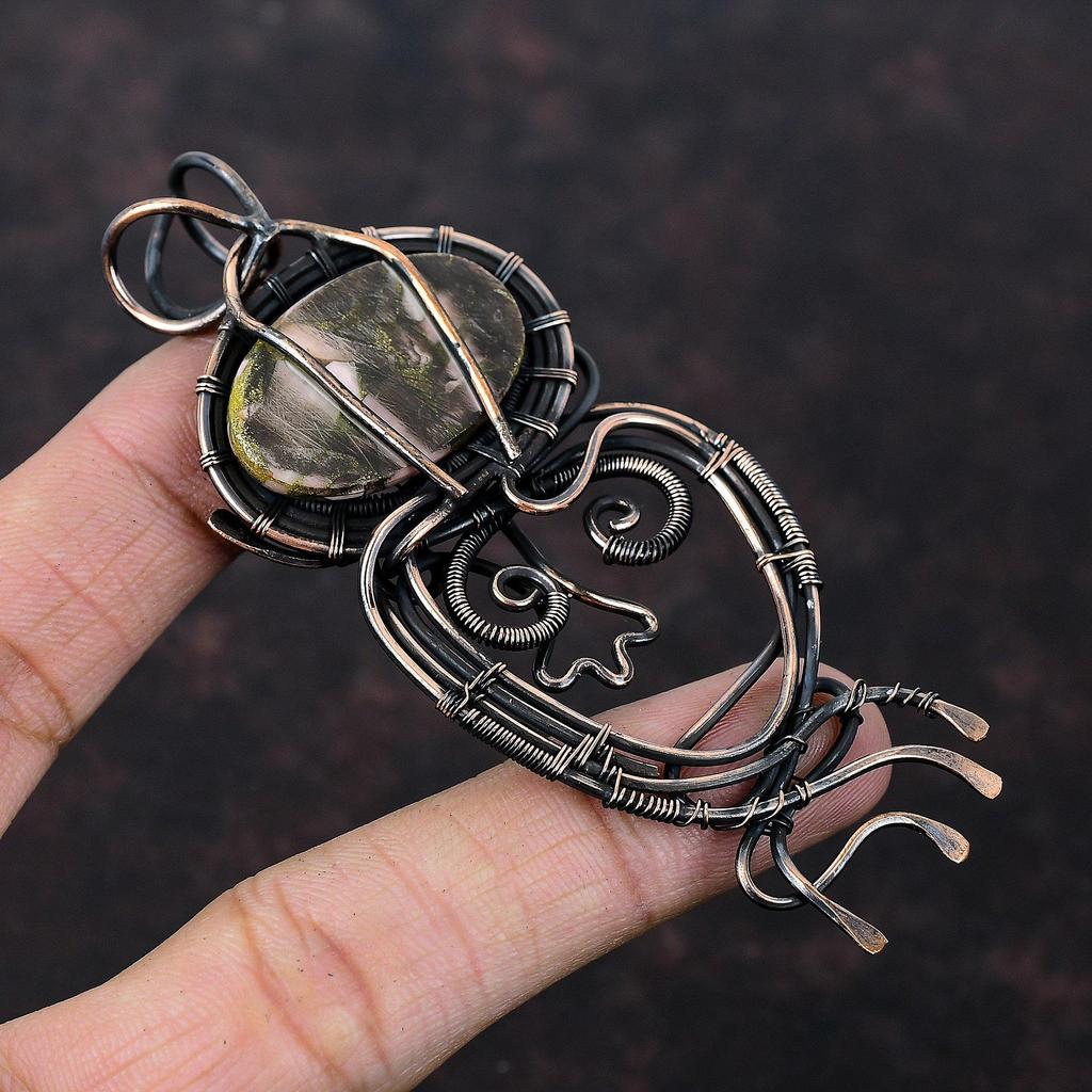 Медный Кулон с Розовым Опалом Медная Проволочная Оправа Ювелирные Изделия Кулон с Драгоценным Камнем Стильный Кулон Украшения Ручной Работы Медная Проволочная Оправа Кулон Подарок Для Неё