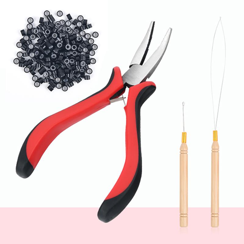 Набор для наращивания волос, нитевдеватель, крючок, плоскогубцы для наращивания волос и 200 шт. колец диаметром 5 мм