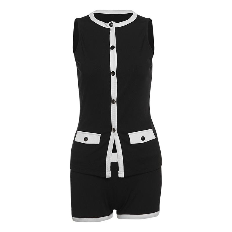 Spring New Women's Clothing Temperament Sexy Contrast Color Sleeveless Button Cardigan Top Slim Shorts Suit