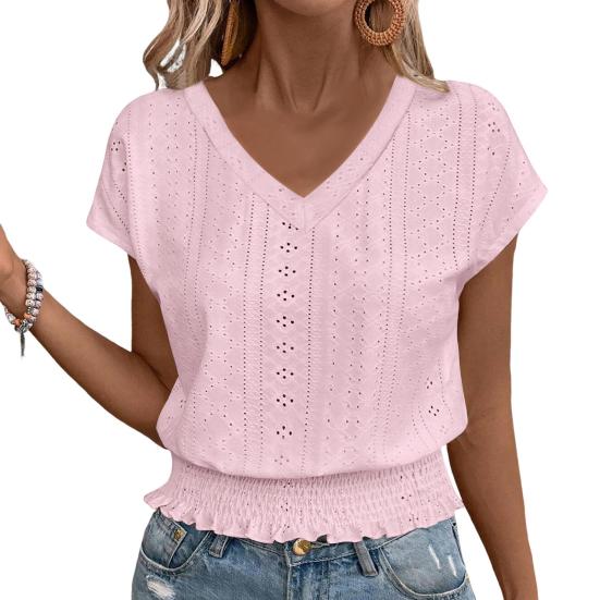 Women Tops V-Neck Short Sleeve Jacquard Decoration Pullover Tops Solid Color Loose Fit Elastic