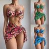 Swimsuit Women's Split Three Piece Set High Waist Sleeveless Ins Overshirt Drawstring Printed Bikini Suits