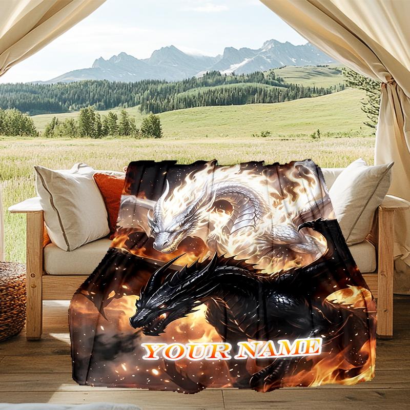 1PC Custom Name Dragons Flames flannel blanket versatile,all-season throw suitable for the living room,bedroom,camping,travel,and gift