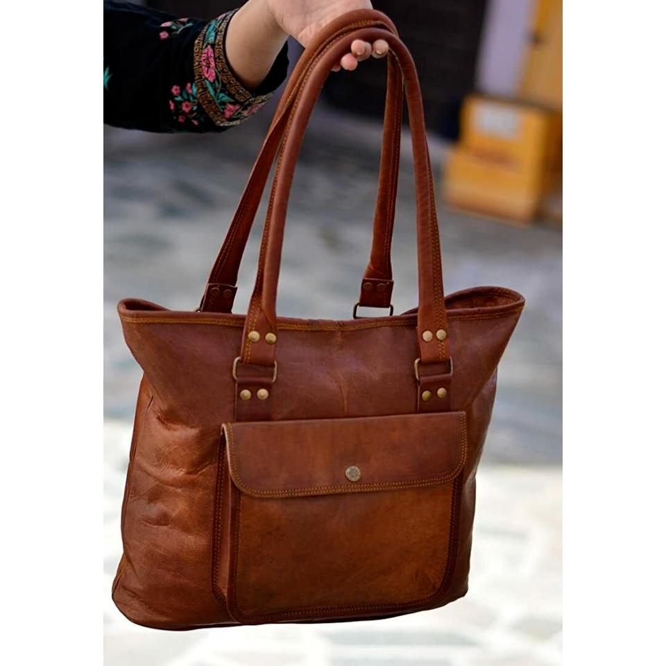 Handmade Women's Vintage Brown Goat Leather Shoulder Tote Shopper Purse Handbag
