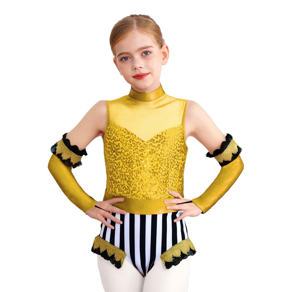 Girls Circus Costume Set Shiny Sequins Mock Neck Sleeveless Jumpsuit Matched Metallic Over Sleeve