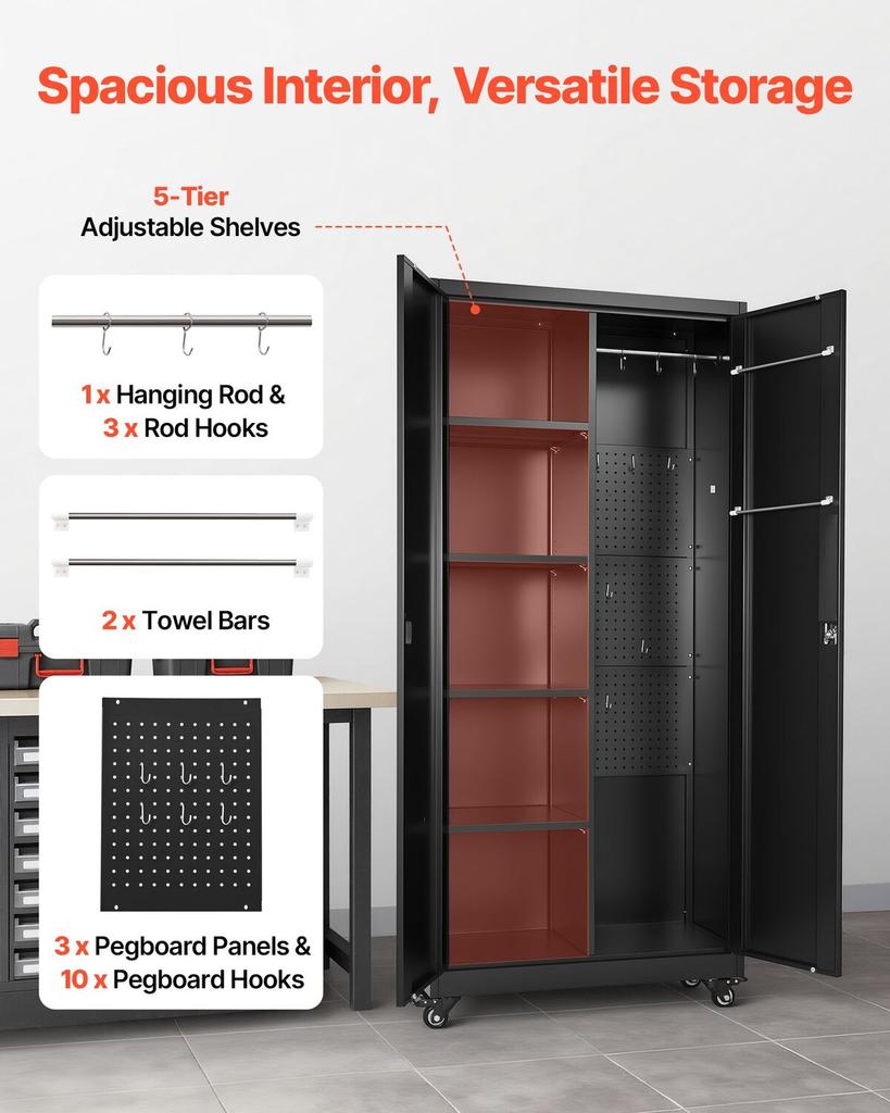 Metal Storage Cabinet, 179.5 cm Rolling Steel Garage Cabinet with Adjustable Shelves, 2 Magnetic Doors, Hanging Rod & 3 Rod Hooks, 5 Tiers Lockable