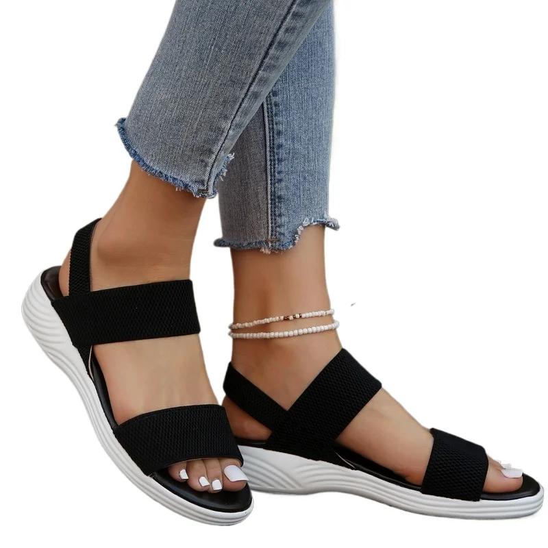 Fashion Ladies Shoes 2024 New Elastic Band Women's Sandals Summer Open Toe Breathable Mesh Solid Flat Casual Beach Large Size Sandals