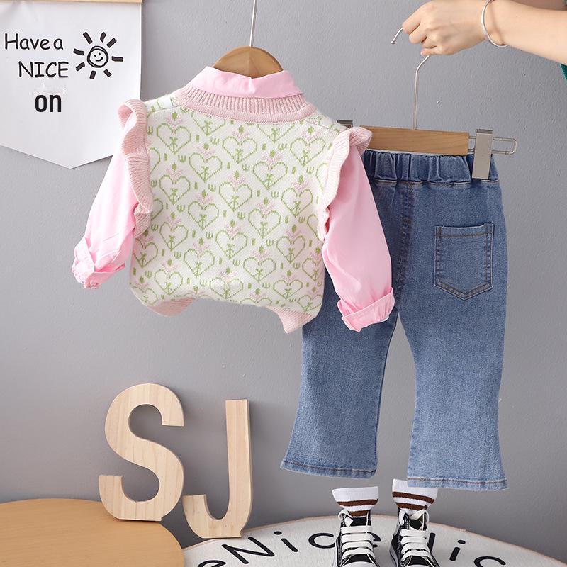 Комплект из трех предметов: кружевной свитер и жилет для девочек: Рубашка с лацканами, топ с длинными рукавами и джинсы для детей от 1 до 5 лет