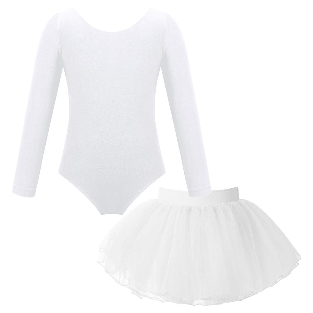 Girls Ballet Dance Wear Long Sleeve Round Neck Leotard Elastic Waist Tutu Layered Skirt Performance Outfit