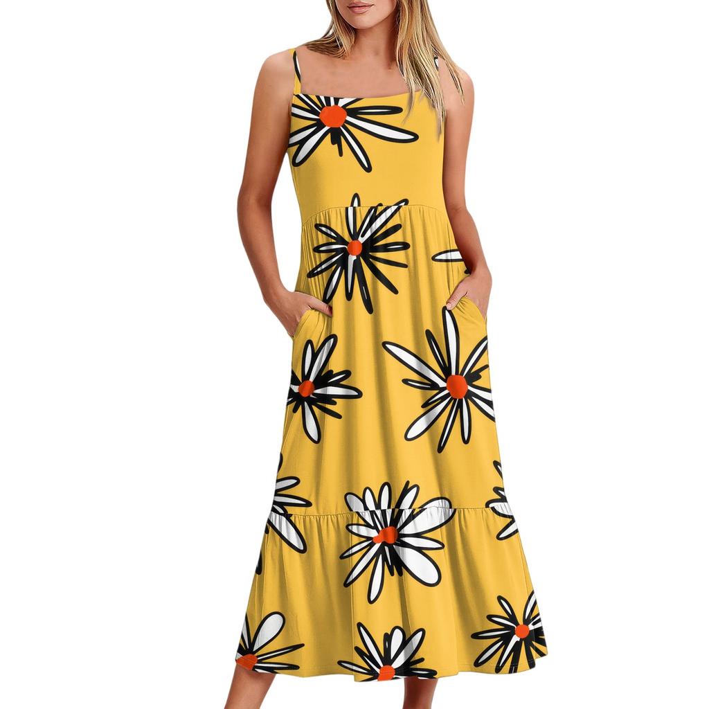 Женское длинное пляжное повседневное элегантное платье макси на тонких бретельках с цветочным принтом, струящееся платье в стиле бохо