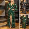 Women's Summer Wrap Maxi Dress Long Sleeve Deep V-Neck Dot Printed Lace Up Dress Split Flowy Beach Long Dress