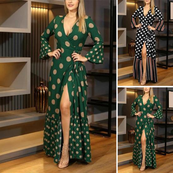 Women's Summer Wrap Maxi Dress Long Sleeve Deep V-Neck Dot Printed Lace Up Dress Split Flowy Beach Long Dress