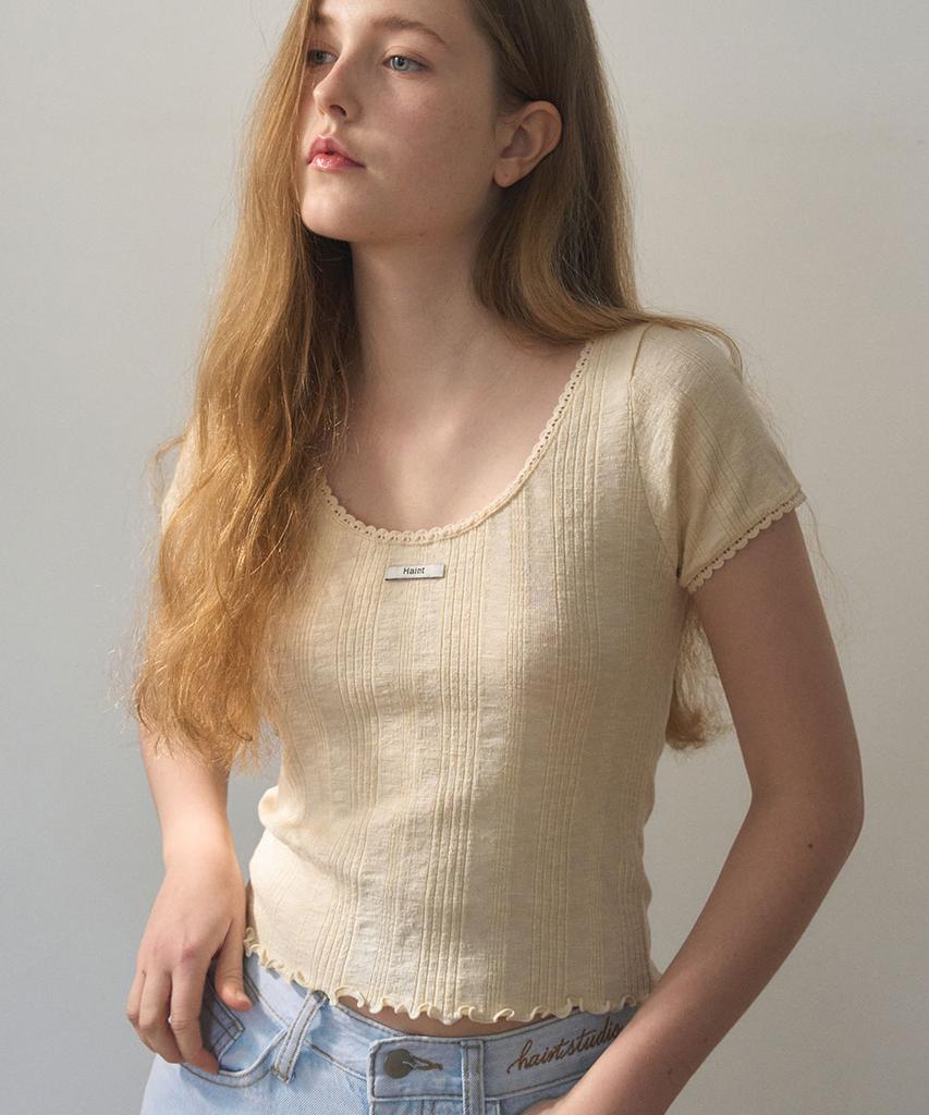 HAINT Frill U-Neckline Eyelet Semi Crop T-Shirt 2Col_Cream