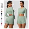 Новый облегающий костюм для йоги с длинными рукавами и начесом, для упражнений пилатеса, шорты с эффектом подтяжки бедер, быстросохнущий костюм для бега и фитнеса из двух предметов для женщин