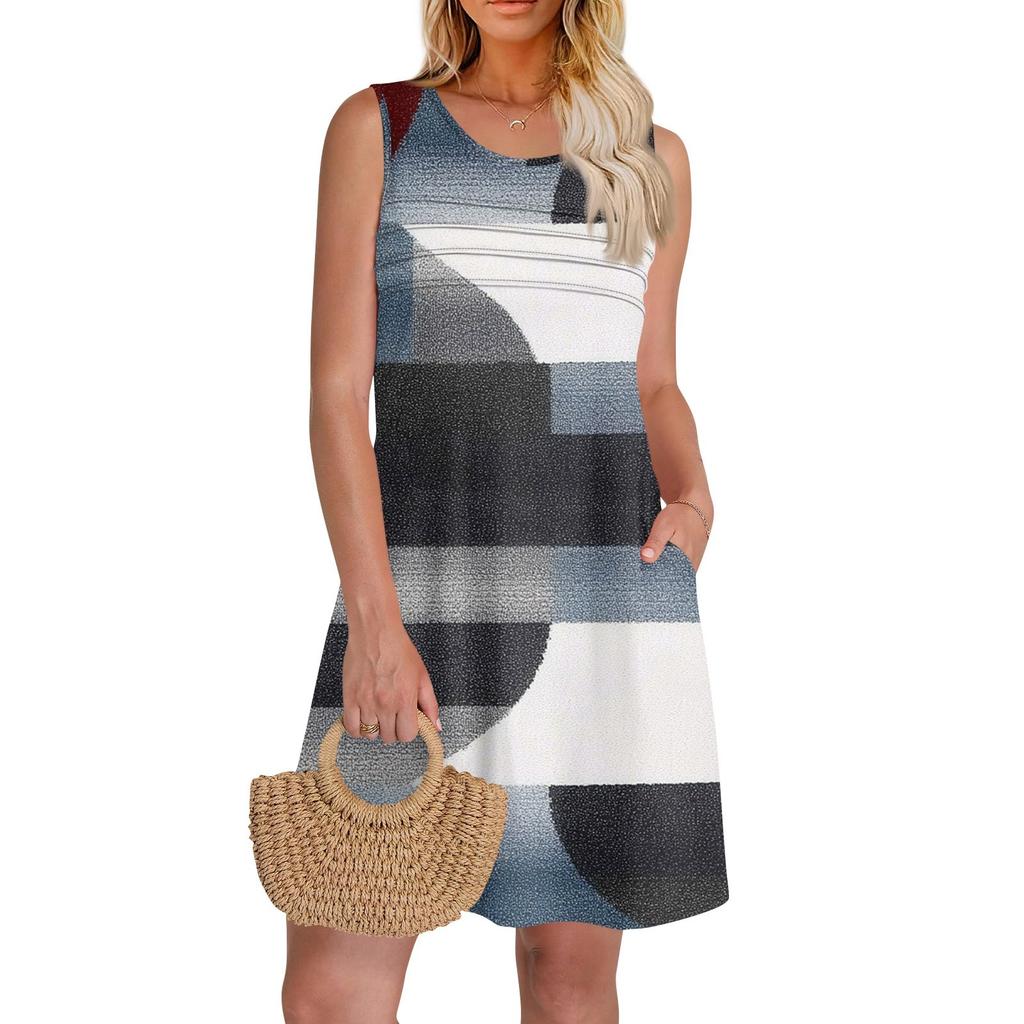 Женские летние платья с круглым вырезом, плиссировкой спереди, без рукавов, карманами, сарафаном, повседневным платьем