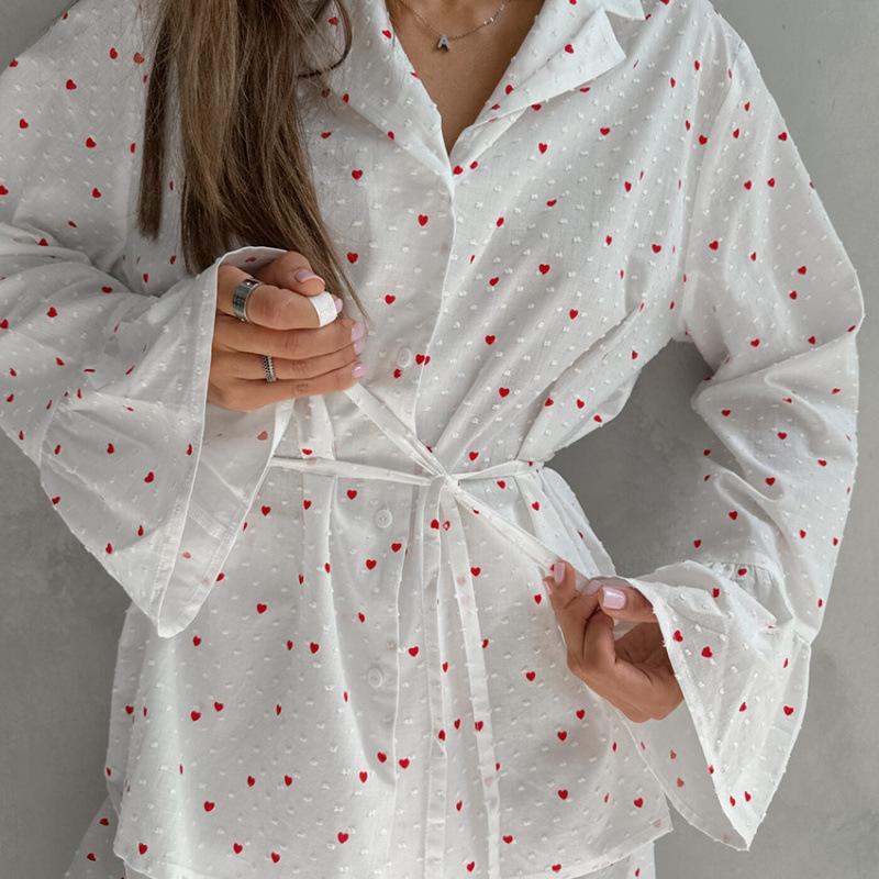 European and American autumn white pure cotton love printing pajamas set breathable and comfortable long-sleeved trousers women's loungewear