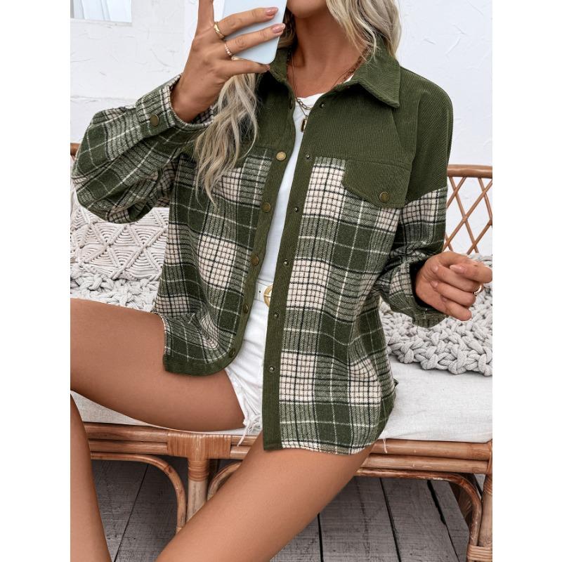 Женский Женский Топ с Длинным Рукавом Зимний Новый Клетчатый Цветной Блок Рубашка Куртка