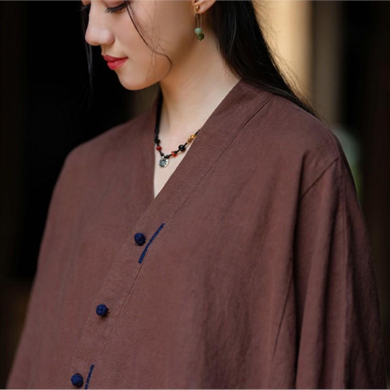 Johnature Women Chinese Style V-Neck Shirts Solid Color Long Sleeve Tops Vintage Blouses Autumn Shirts