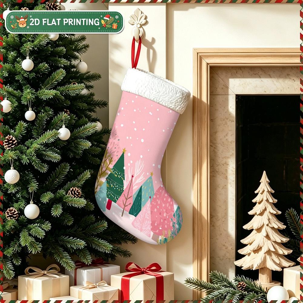 Christmas decoration fireplace hanging stocking 1pc 2D Flat Christmas Pink Snowy Trees Pattern Christmas Stocking Gift B