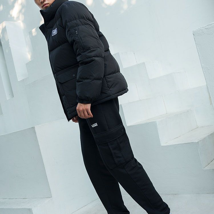 Vans FW22 Однотонный Свободный пуховик с принтом логотипа на молнии и воротником-стойкой, унисекс, верхняя одежда, черный цвет VN000913BLK