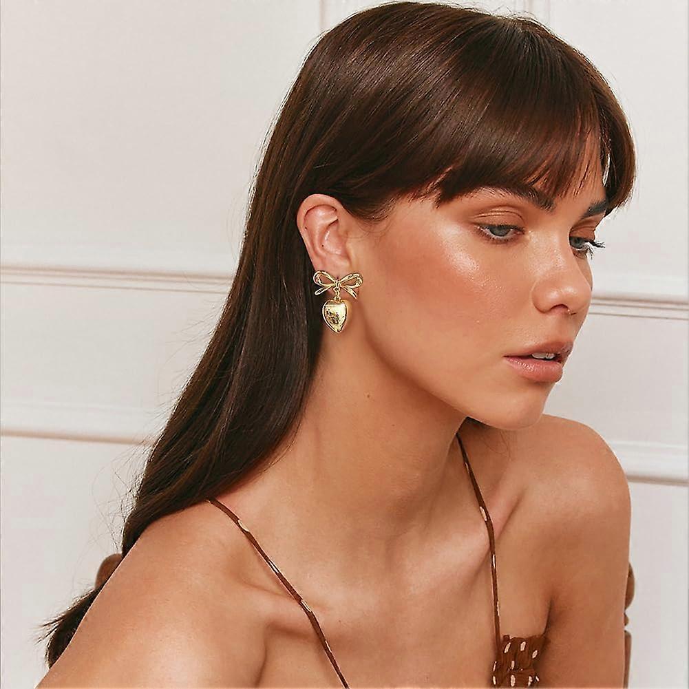 Gold Heart Dangle Earrings For Women Ribbon Bow Dangle Earrings