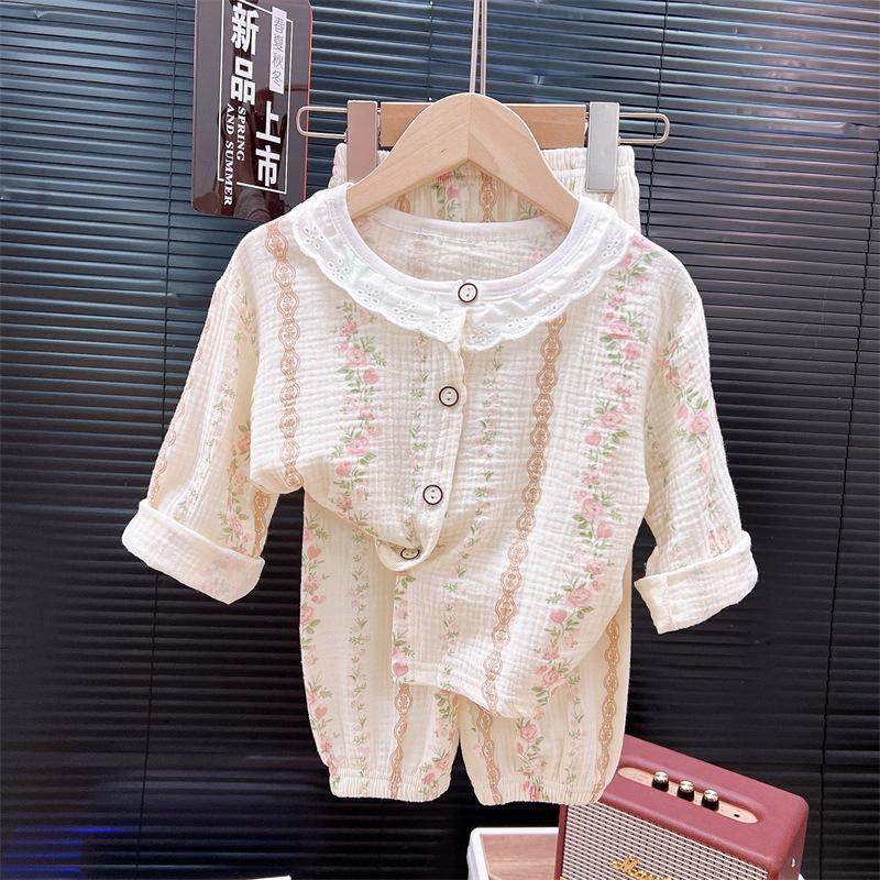 Детский тонкий комплект Мальчиковая пижама Летний комплект из двух предметов Девочковый Детский кружевной и кружевной Кондиционер Домашний костюм Комплект