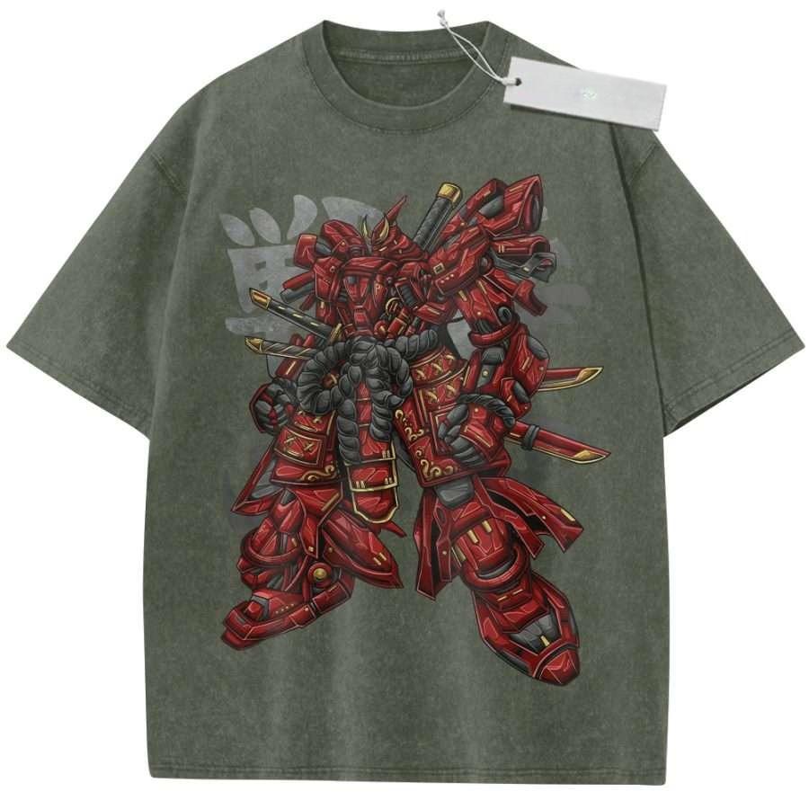 Летняя мужская черная стираная футболка Mobile Suit Gundam Красный Самурай Меха Золотой Меч Высококачественная ткань для повседневной носки