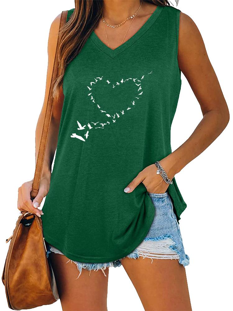 Women Fashion V Neck Printed Sleeveless Top Summer Casual Pullover Loose Tank Top